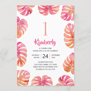 Invitación Playa de verano rosa, Fiesta tropical de 1 cumplea