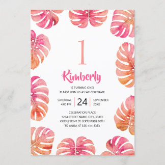 Invitación Playa de verano rosa, Fiesta tropical de 1 cumplea