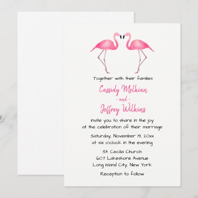 Invitación Playa de verano tropical Boda de flamencos rosados (Anverso / Reverso)