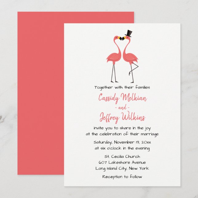 Invitación Playa de Verano Tropical Boda Flamingo Rosa (Anverso / Reverso)