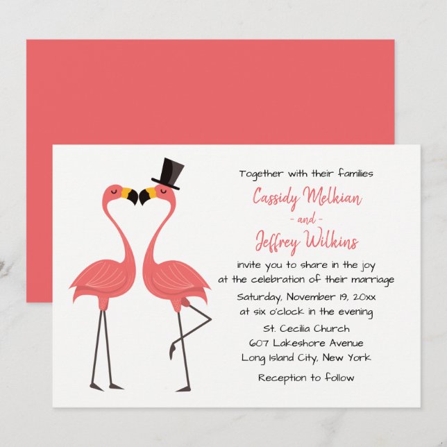 Invitación Playa de Verano Tropical Boda Flamingo Rosa (Anverso / Reverso)