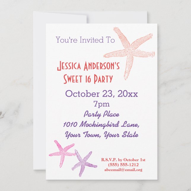 Invitación Playa de Verano Tropical Starfish Dulce 16 Cumplea (Anverso)