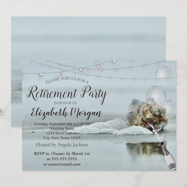 Invitación Playa del Océano con conchas, globos, vino Jubilac (Anverso / Reverso)
