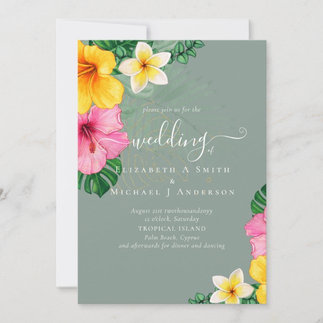 Invitación Playa del Paraíso Tropical Boda Florales vibrantes (Anverso)