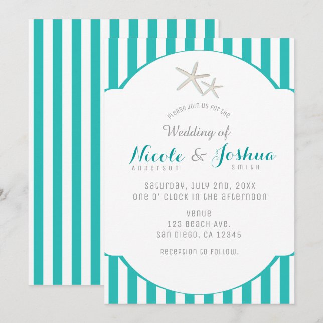 Invitación Playa elegante con rayas turquesas Verde azuladas  (Anverso / Reverso)