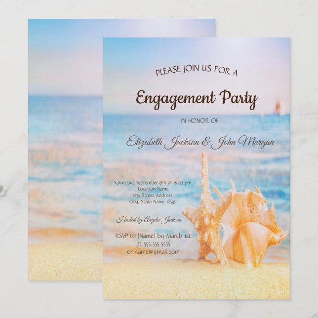 Invitación Playa, Estrella de mar, Concha de mar Compromiso (Anverso / Reverso)
