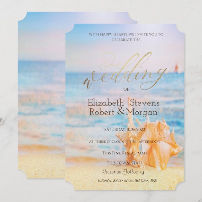 Invitación  Playa,Estrella de mar,Concha marina  (Anverso / Reverso)