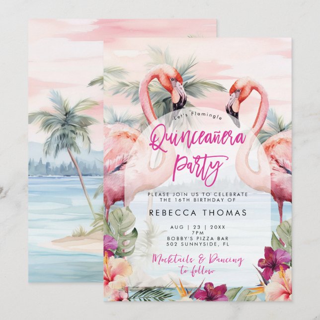 Invitación Playa Flamingo Quinceanera (Anverso / Reverso)