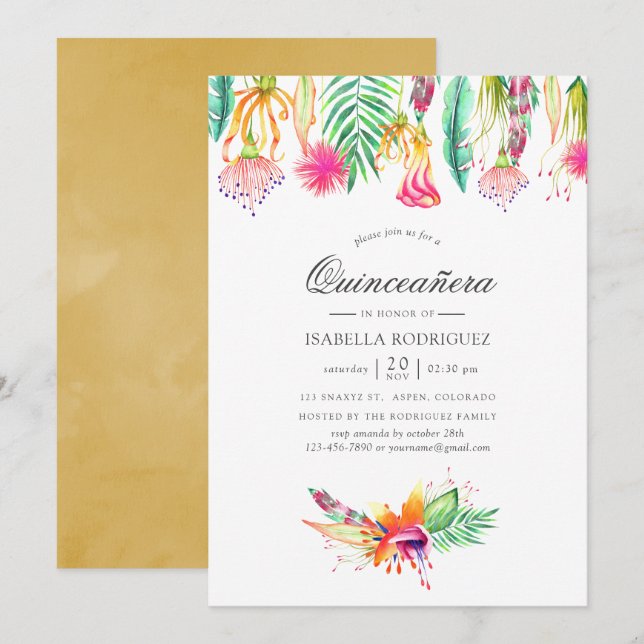 Invitación Playa Floral Tropical de Verano Quinceañera (Anverso / Reverso)