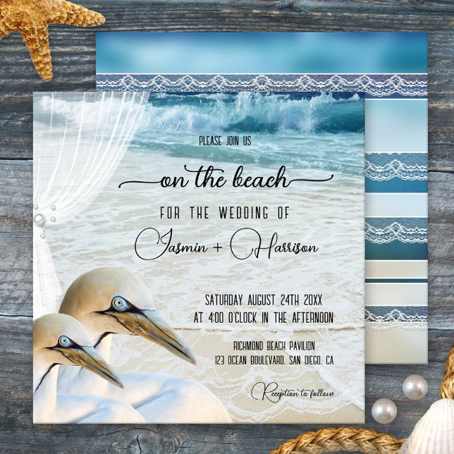 Invitación Playa Gannet con boda de destino de encaje (Beach or destination wedding invitation featuring an original design with gannets and a veil)