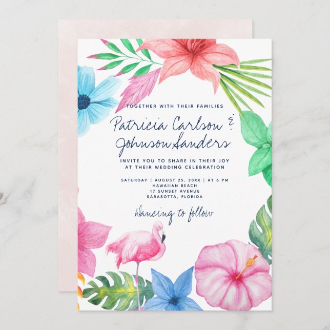 Invitación Playa hawaiana flamingo rosa floral luau boda (Anverso / Reverso)