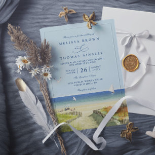 Invitación Playa Mar Tropical Arenoso Elegante Boda Código QR