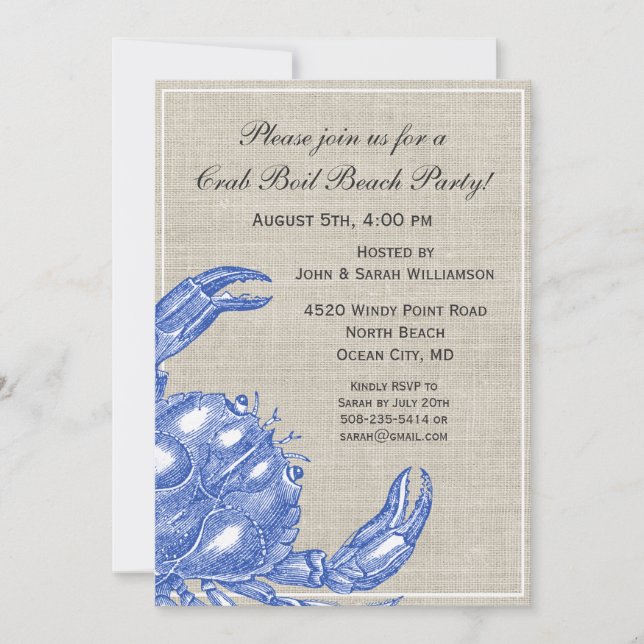 Invitación Playa náutica del personalizado del cangrejo azul (Anverso)