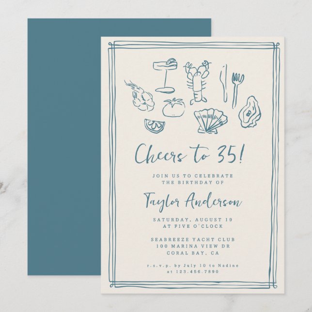 Invitación Playa Náutica Funky de Mano 35 cumpleaños (Anverso / Reverso)
