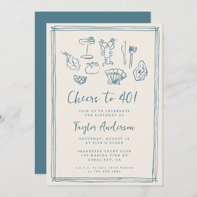 Invitación Playa Náutica Funky de mano 40 cumpleaños (Anverso / Reverso)