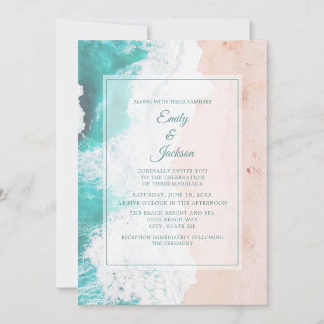 Invitación Playa Océano Tropical Turquesa Blanco Marrón Boda  (Anverso)