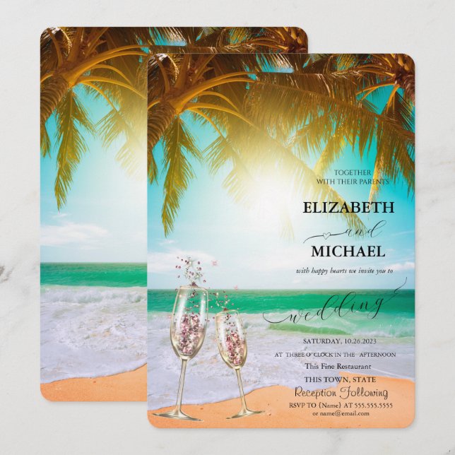 Invitación Playa, Palm, Sun, Luces, Boda de guiones de vidrio (Anverso / Reverso)