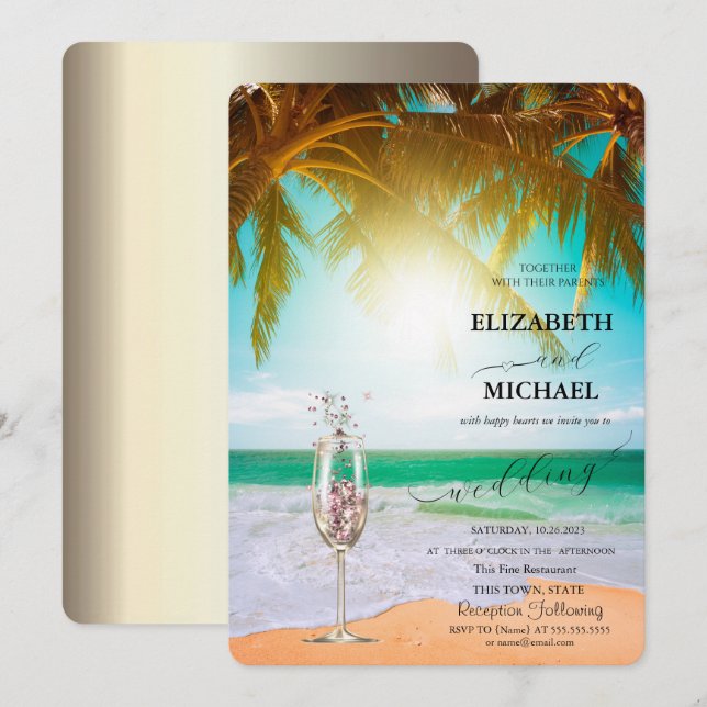 Invitación Playa,Palm,Sun,Luces de cadena,Boda de guiones de  (Anverso / Reverso)