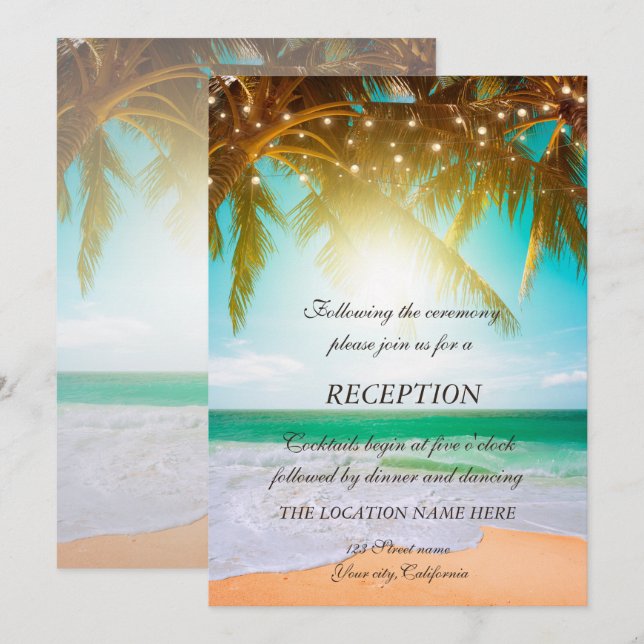 Invitación Playa, Palm, Sun, Recepción de guiones de luces de (Anverso / Reverso)