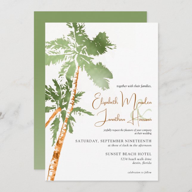 Invitación Playa Palm Trees Destino Tropical De Cobre (Anverso / Reverso)