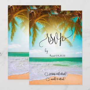 Invitación Playa,Palma,Sol,Luces de Cadena Script RSVP