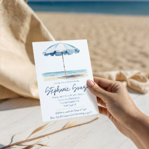 Invitación Playa, Paraguas Azul y Blanco, Despedida de Solter