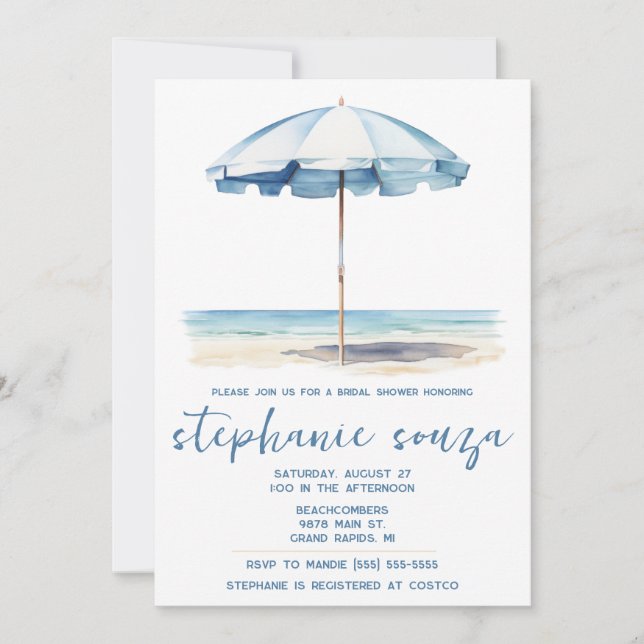 Invitación Playa, paraguas azules y blancos, ducha de matrimo (Anverso)