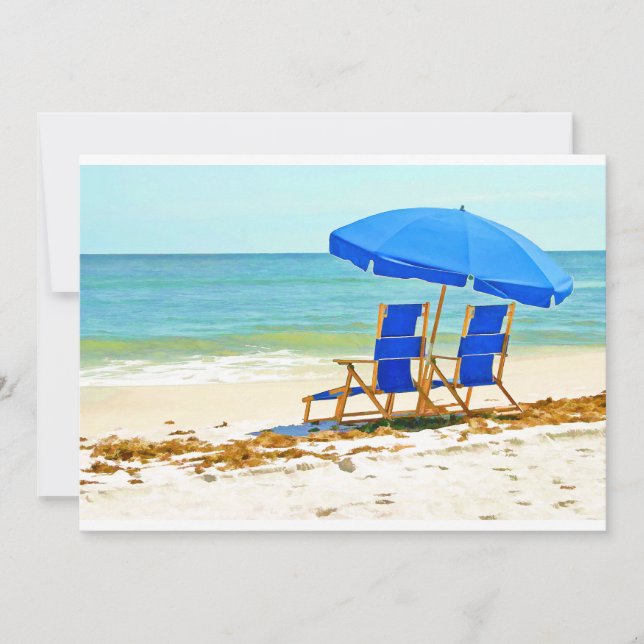 Invitación Playa, paraguas y sillas en la orilla (Anverso)