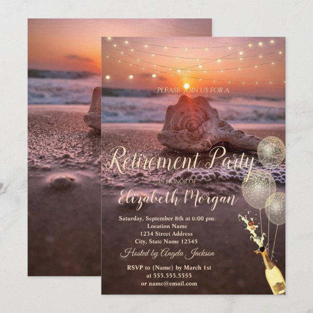 Invitación Playa puesta de sol conchas balones,Vino Jubilació (Anverso / Reverso)