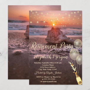 Invitación Playa puesta de sol conchas balones,Vino Jubilació