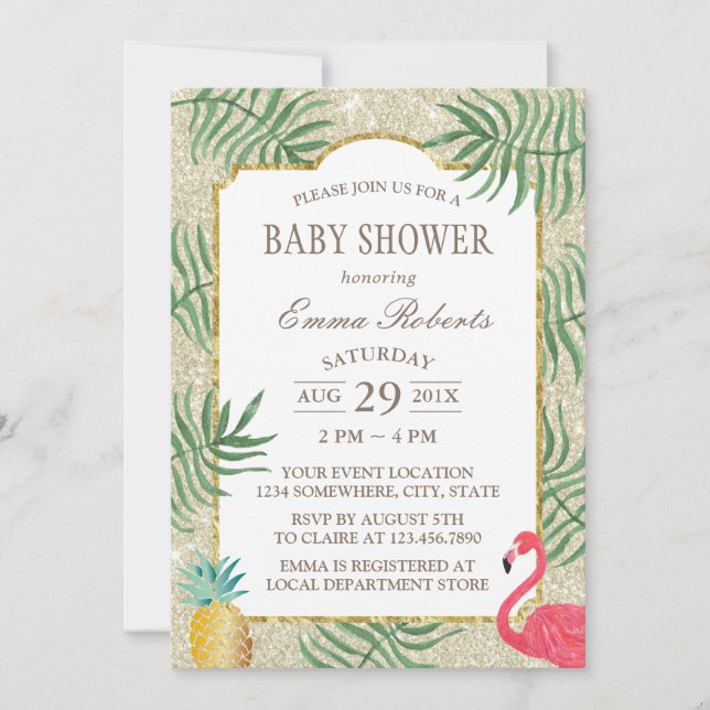 Invitación Playa Purpurina de marfil de piña tropical Baby Sh (Anverso)