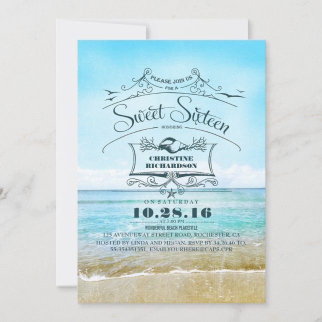 Invitación Playa Retro Ombre Mar Azul Dulce Dieciséis (Anverso)