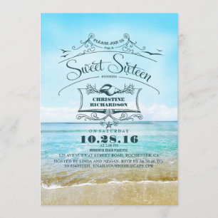 Invitación Playa Retro Ombre Mar Azul Dulce Dieciséis