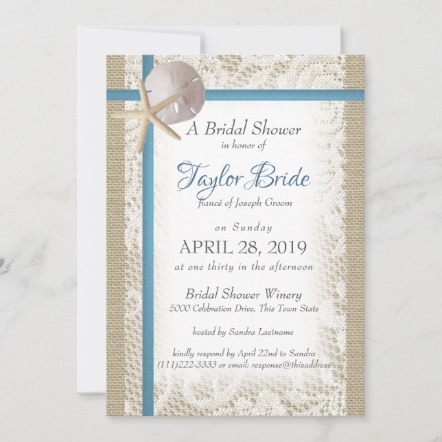 Invitación Playa romántica y ducha de novia azul de encaje (Anverso)