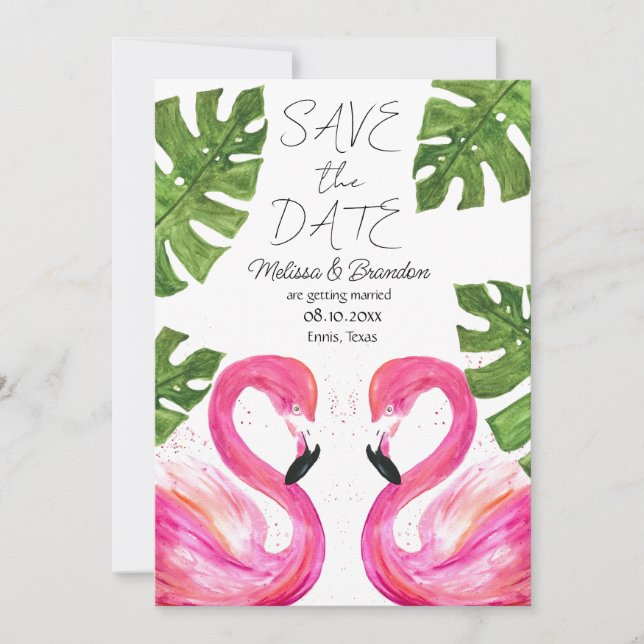 Invitación Playa rosa Flamingo Boda de hojas tropicales (Anverso)