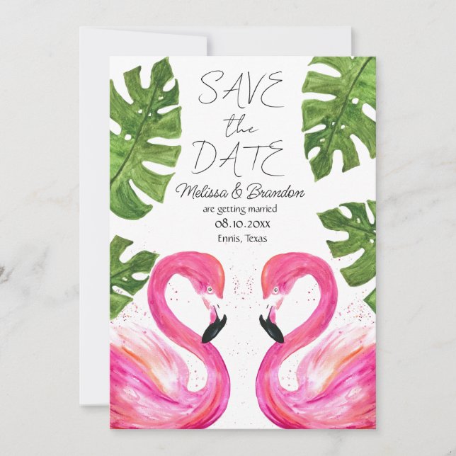 Invitación Playa rosa Flamingo deja Boda tropical (Anverso)