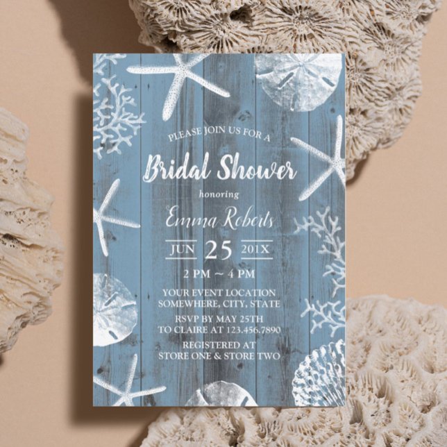 Invitación Playa Rustic Seasheles Dusty Blue Bridal Shower (Subido por el creador)