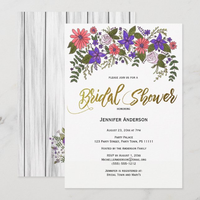 Invitación Playa rústica Wood Floral Bridal Shower (Anverso / Reverso)
