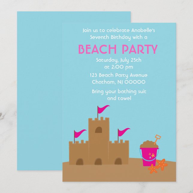 Invitación Playa Sand Castle y fiesta de cumpleaños de verano (Anverso / Reverso)
