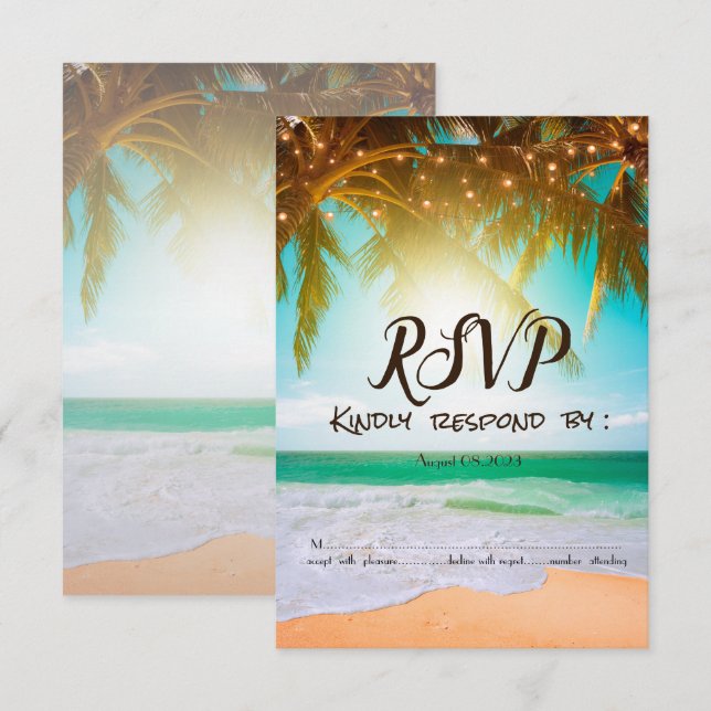 Invitación Playa,Sol,Palmera,Luces de Cuerdas RSVP   (Anverso / Reverso)