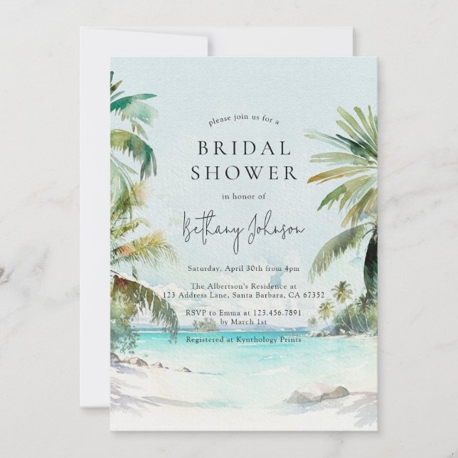 Invitación Playa Tropical Acuarela Palm Tree Bridal Shower (Anverso)