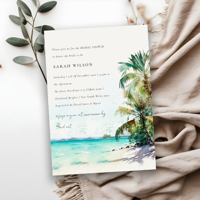 Invitación Playa Tropical Acuarela Palm Tree Bridal Shower (Subido por el creador)