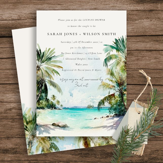 Invitación Playa Tropical Acuarela Palm Tree Couples Ducha (Subido por el creador)