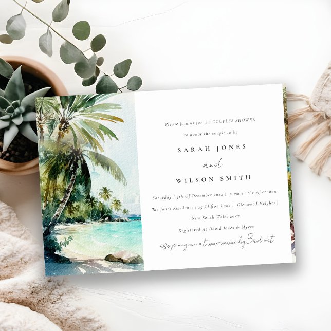 Invitación Playa Tropical Acuarela Palm Tree Couples Ducha (Subido por el creador)