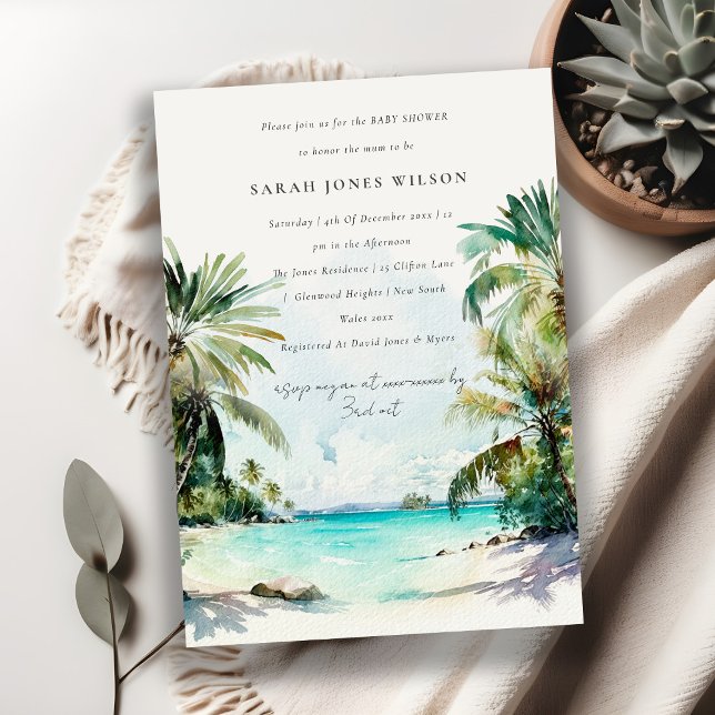 Invitación Playa Tropical Acuarela Palm Trees Baby Shower (Subido por el creador)