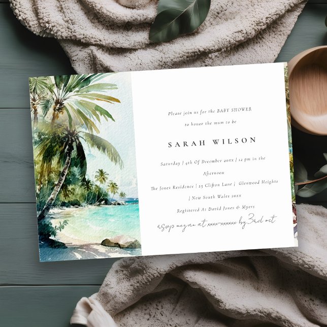 Invitación Playa Tropical Acuarela Palm Trees Baby Shower (Subido por el creador)