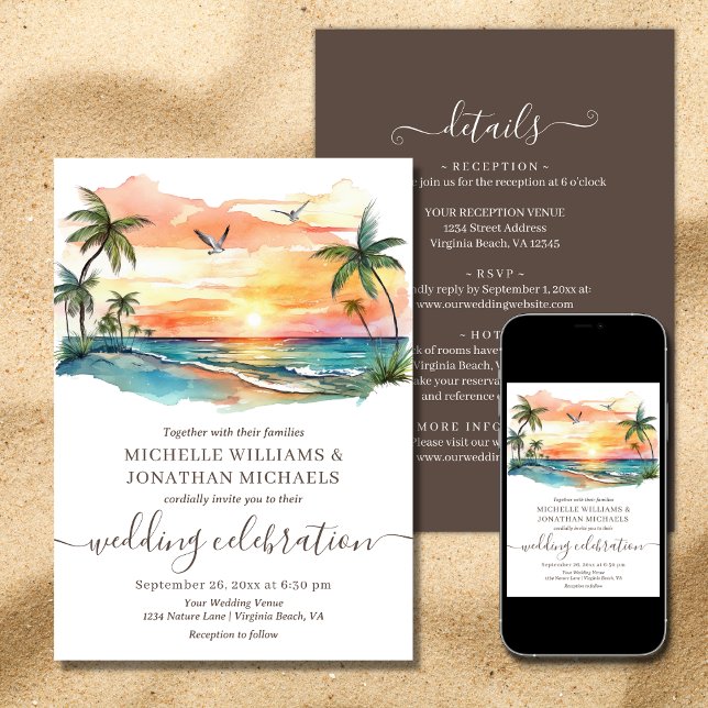 Invitación Playa tropical acuática en un solo Boda (Printed (Front and Back) and Digital - Watercolor Tropical Beach All in One Wedding Invitation)