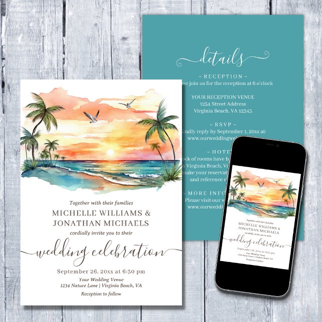 Invitación Playa tropical acuática en un solo Boda (Printed (Front and Back) and Digital - Tropical Beach Palm Trees All in One Wedding Invitation)