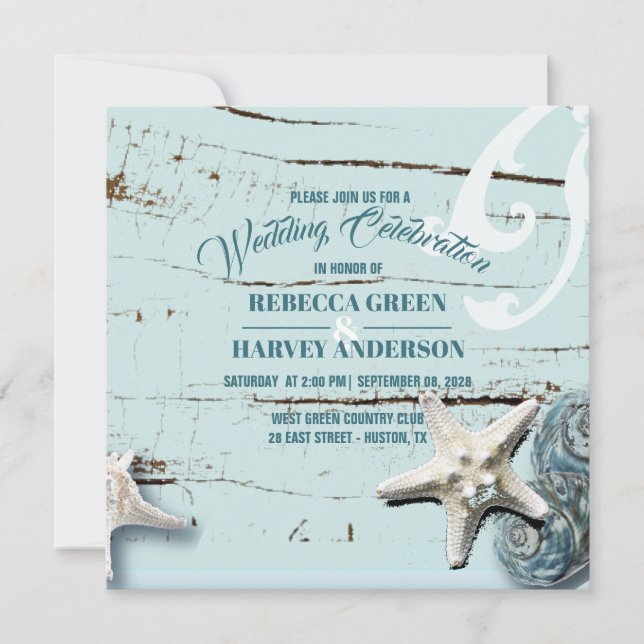 Invitación playa tropical aquagana azul marisma estelar boda (Anverso)