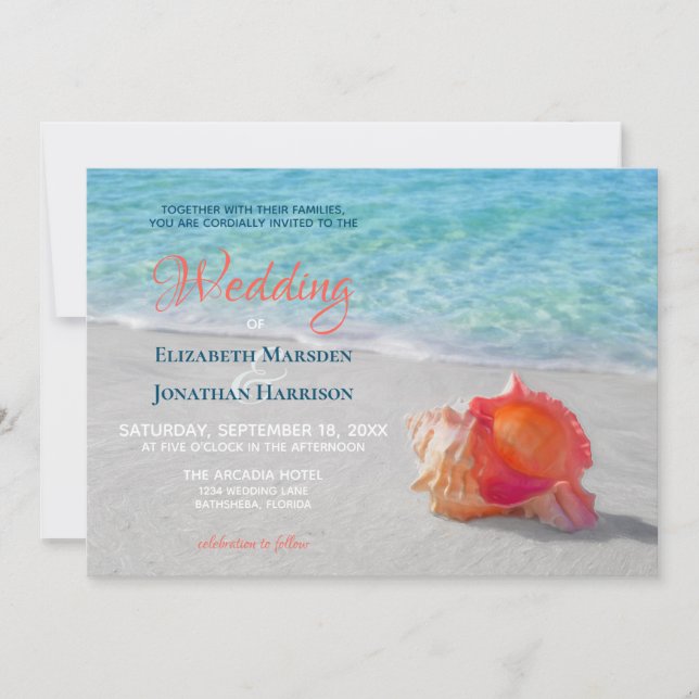 Invitación Playa Tropical Boda Coral Seashell Moderno (Anverso)